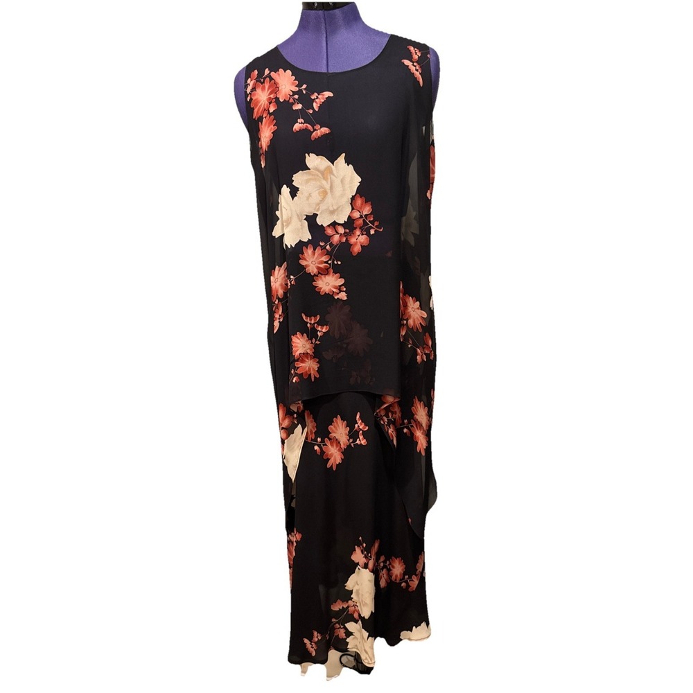 Harari Women 2pc Silk Flow Tunic Top & Maxi Skirt Rose Daisy Black‎ Elegant Sz M